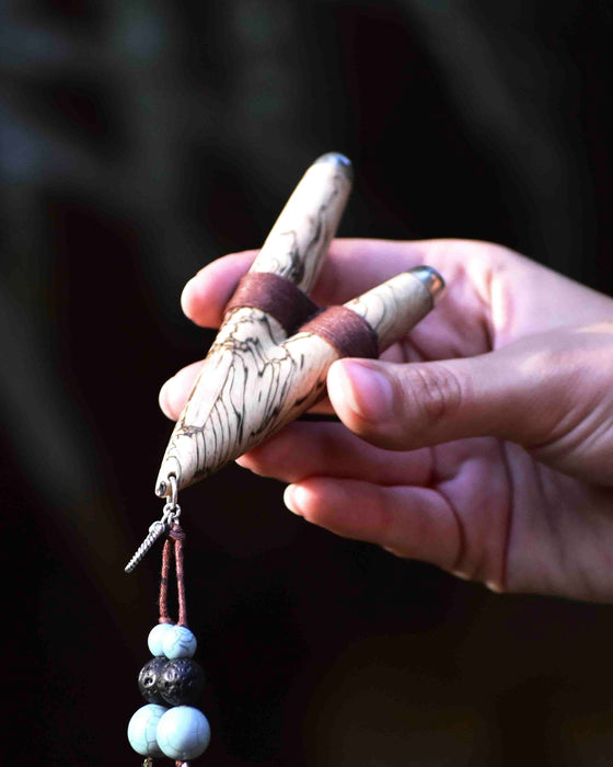Tamarind wood kuripe pipe with turquoise and a peacock feather, a shamanic smoking accessory for hape snuff