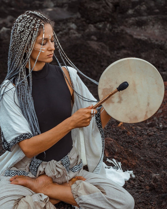 Hand-tuned tribal drum with intricately carved dragon handle, perfect for sound healing and spiritual ceremonies, crafted for a premium cosmic sound experience