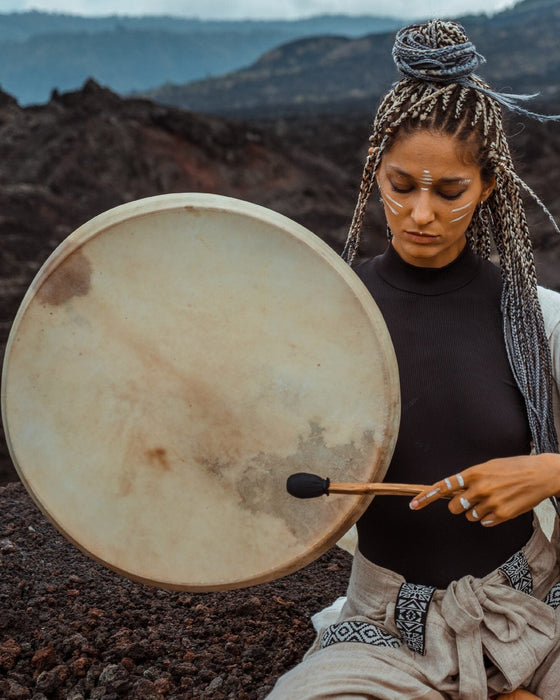 Hand-tuned tribal drum with intricately carved dragon handle, perfect for sound healing and spiritual ceremonies, crafted for a premium cosmic sound experience