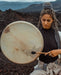Hand-tuned tribal drum with intricately carved dragon handle, perfect for sound healing and spiritual ceremonies, crafted for a premium cosmic sound experience
