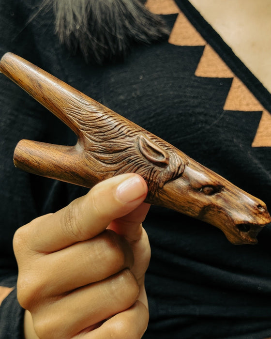 Handcrafted Rosewood Kuripe Pipe with Horse Totem – Shamanic Tool for Sacred Rituals
