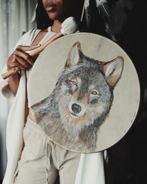 Exquisite Shaman tambourine featuring a 40cm wolf painting, perfect for enhancing your spiritual practices and musical expression.