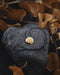 Black glittery pouch with a gold button on a dark background with brown leaves