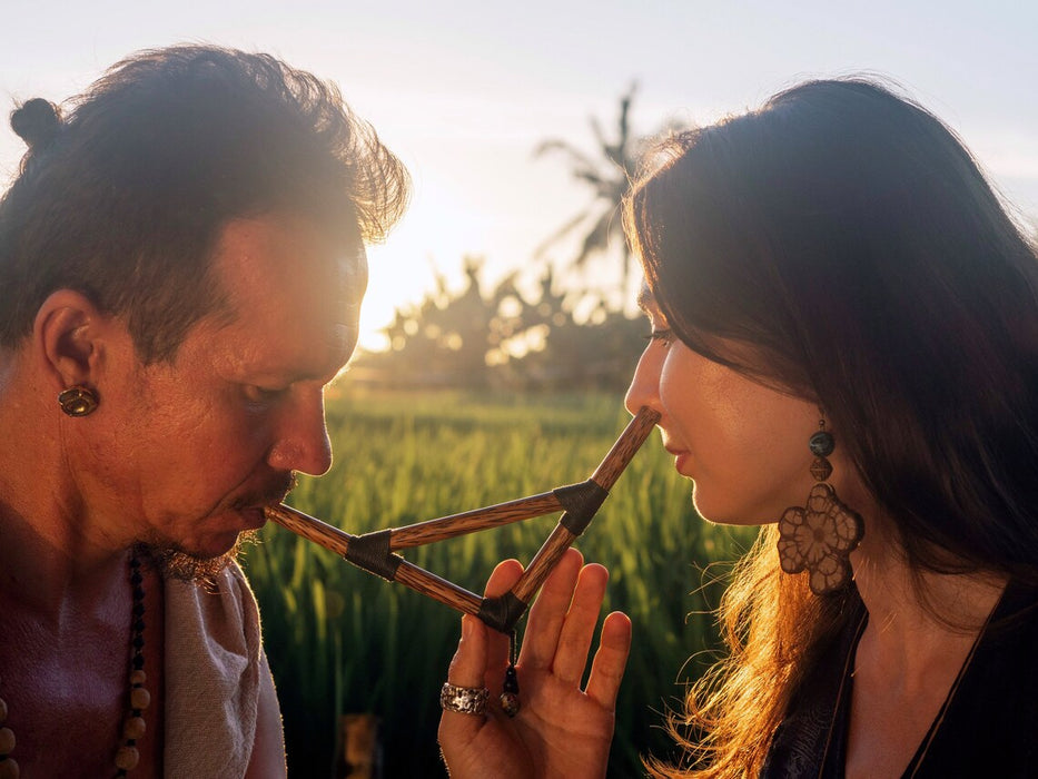 Two people holding a metal triangle to their noses against a sunset background