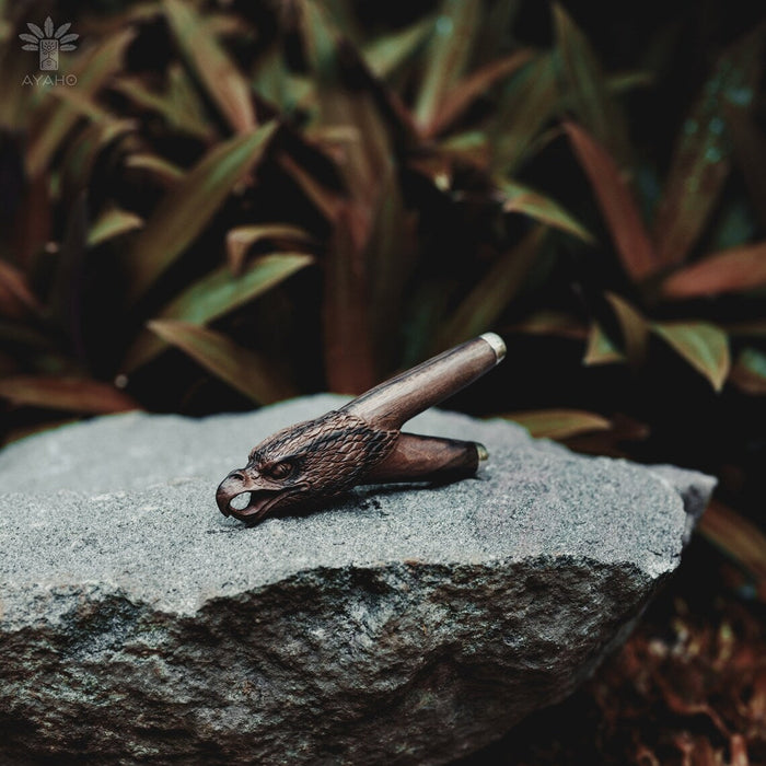 Wooden eagle head pipe on a rock with plants in the background
