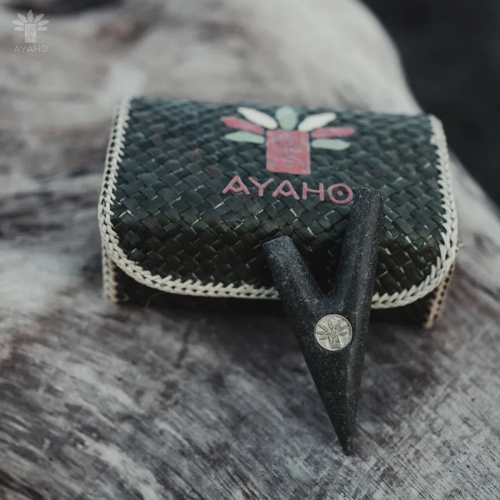 Black woven pouch with 'AYAHO' branding on a textured surface