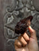 Hand holding a dark brown wooden figurine against a decorative metal background