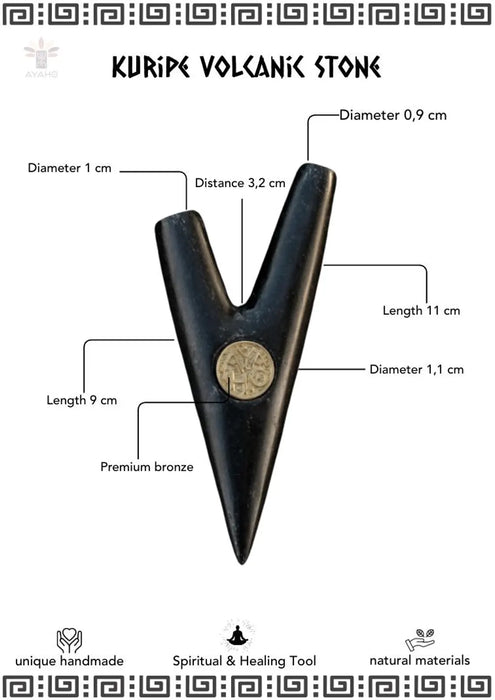 Kuripe Volcanic Stone with measurements and details on a white background