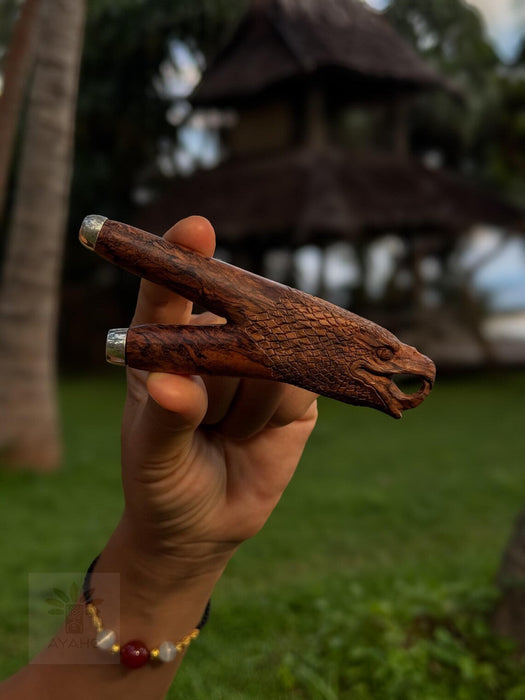 Hand holding a wooden object with a blurred natural background