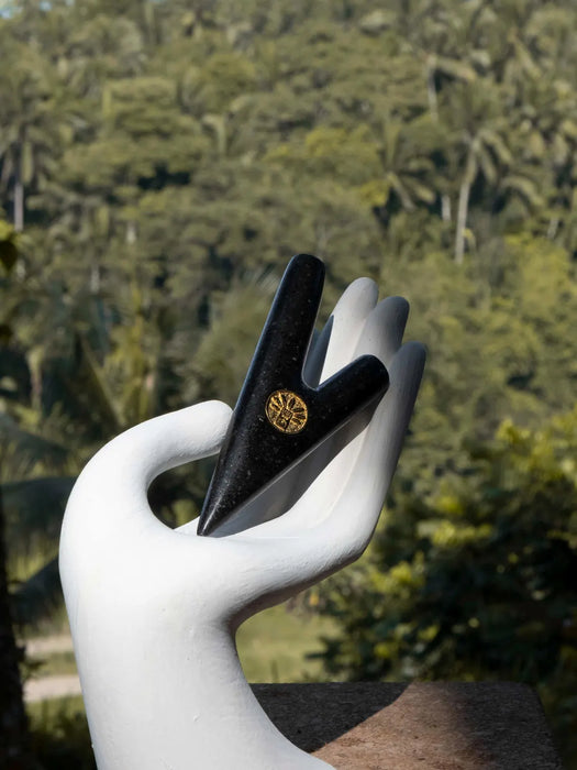 Black jewelry box held by a white hand sculpture against a blurred green forest background