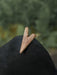 Wooden arrowhead on a dark stone with a blurred green background