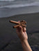 Hand holding a piece of driftwood on a beach
