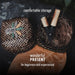 Two woven containers with wooden handles on a dark background, featuring text about 'comfortable storage' and 'wonderful present'.