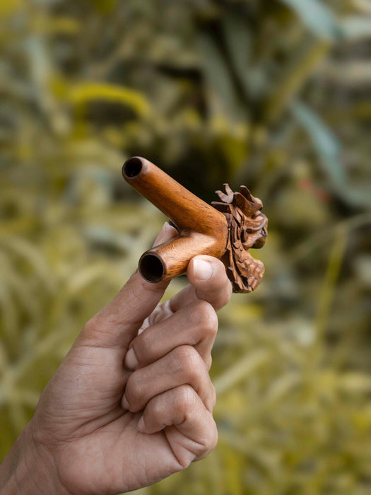 Hand holding a small wooden object against a blurred natural background