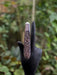 Decorative ring on a black-gloved hand against a blurred natural background