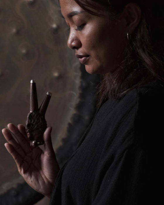 Lion Kuripe Pipe for Hape Snuff - Wooden Smoking Pipe Applicator - Shamanic Tools Double Kuripe for Sacred Herbal Medicine