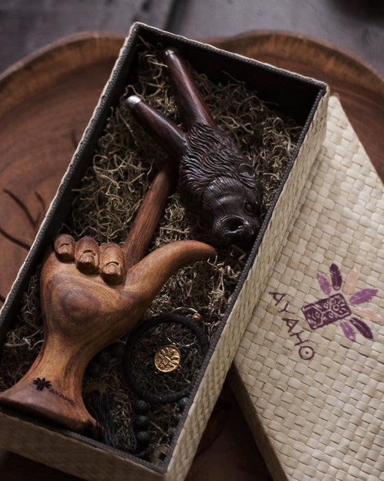 Lion Kuripe Pipe for Hape Snuff - Wooden Smoking Pipe Applicator - Shamanic Tools Double Kuripe for Sacred Herbal Medicine
