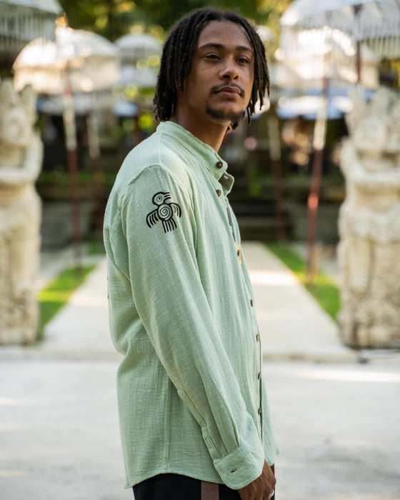Hand-Painted 100% Cotton Shaman Shirt – Tribal Boho Festival Wear, Earthy Colors, Unisex Burning Man Clothing