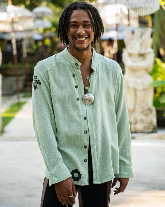 Hand-Painted 100% Cotton Shaman Shirt – Tribal Boho Festival Wear, Earthy Colors, Unisex Burning Man Clothing