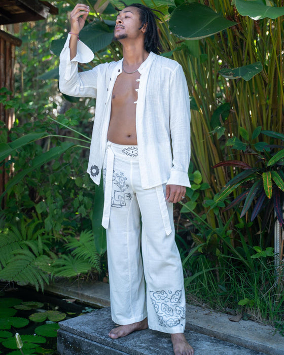 White Cotton Shaman Shirt – Unisex Spiritual Boho Top – Handmade Festival Clothing – Tribal Yoga Wear