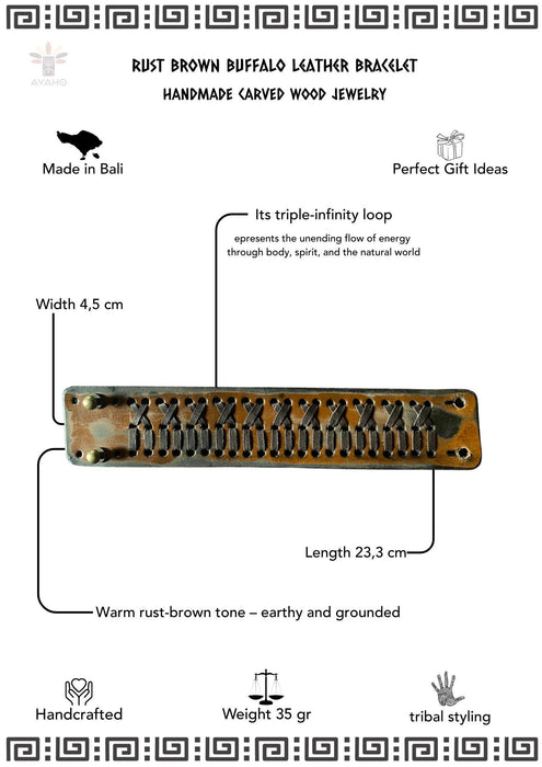 Earthy, rust-brown buffalo leather bracelet with a triple-infinity design, made to honor ancestral strength and the flow of energy.