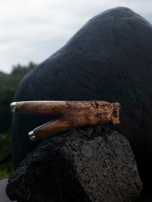 Handcrafted Mango Wood Kuripé with silver cup, Jaguar Man design, for rapé rituals