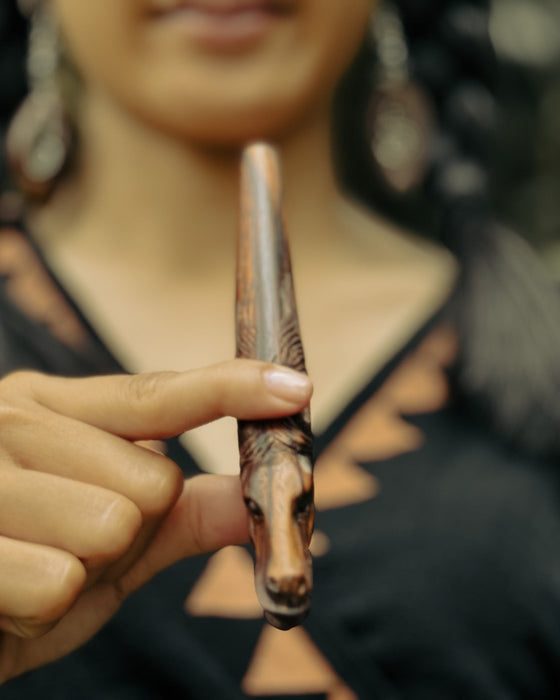Handcrafted Rosewood Kuripe Pipe with Horse Totem – Shamanic Tool for Sacred Rituals